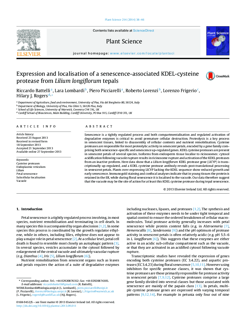 Expression and localisation of a senescence-associated KDEL-cysteine protease from Lilium longiflorum tepals