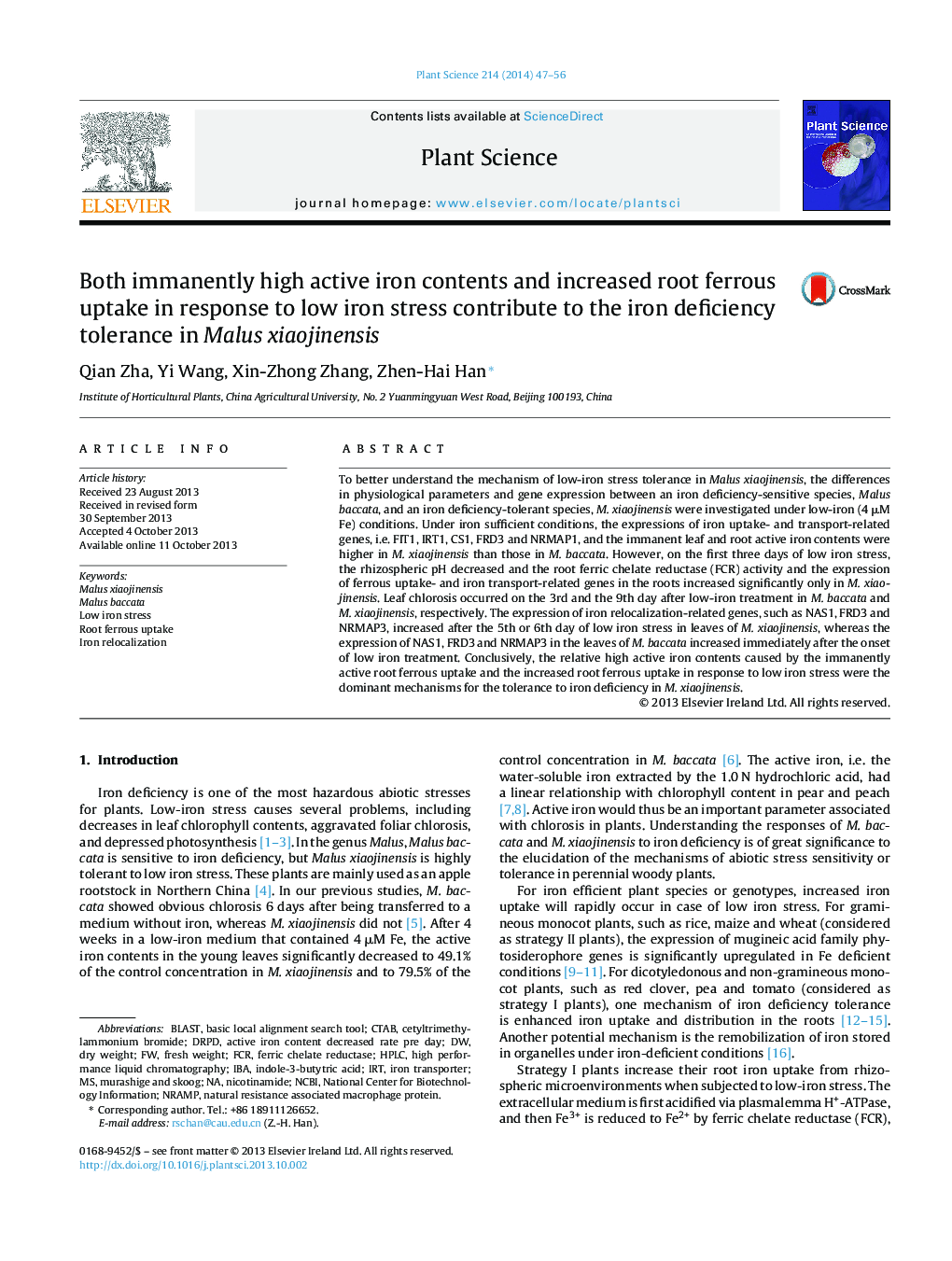 Both immanently high active iron contents and increased root ferrous uptake in response to low iron stress contribute to the iron deficiency tolerance in Malus xiaojinensis