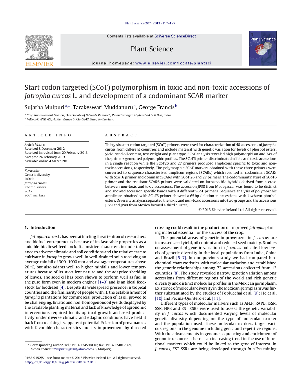 Start codon targeted (SCoT) polymorphism in toxic and non-toxic accessions of Jatropha curcas L. and development of a codominant SCAR marker