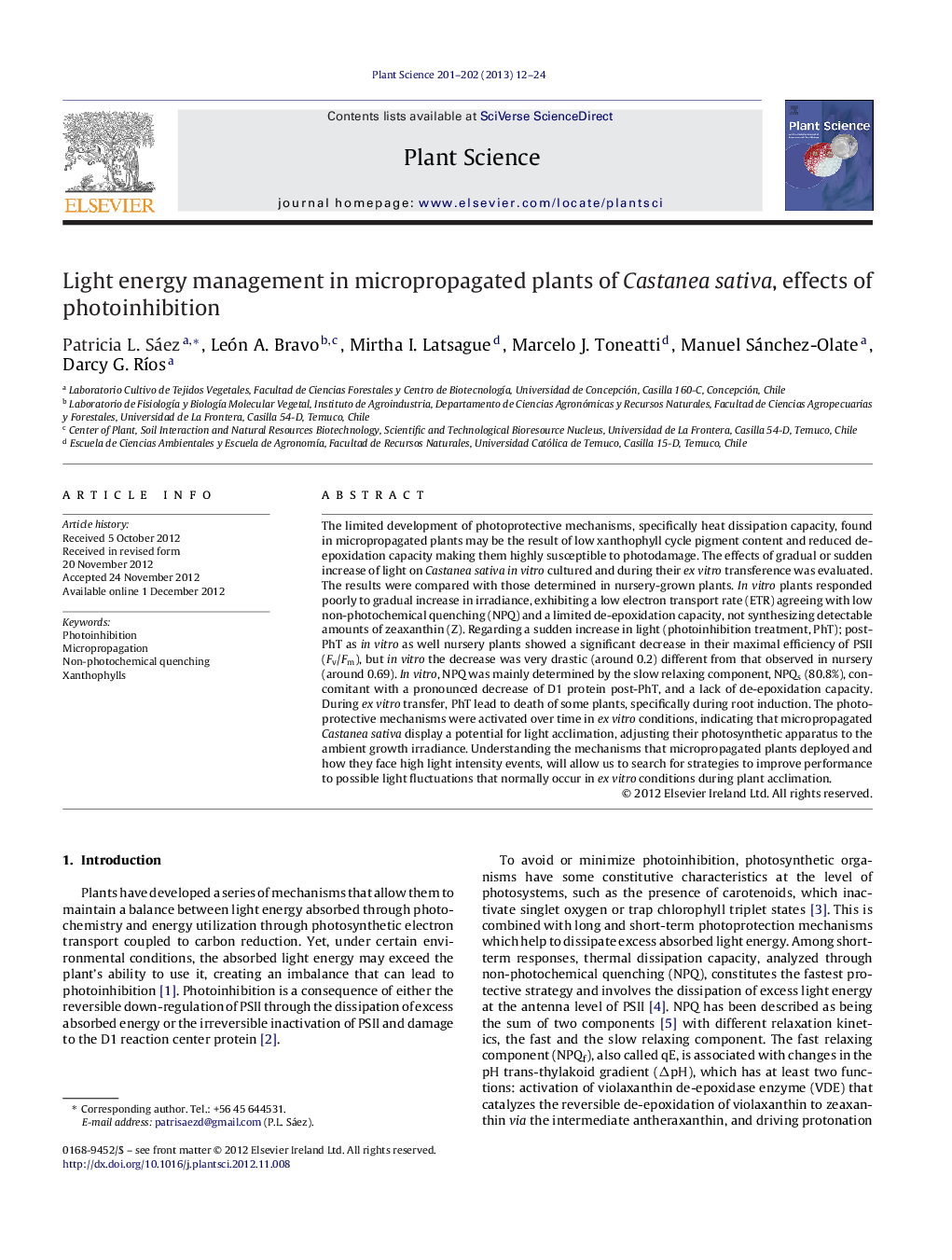 Light energy management in micropropagated plants of Castanea sativa, effects of photoinhibition