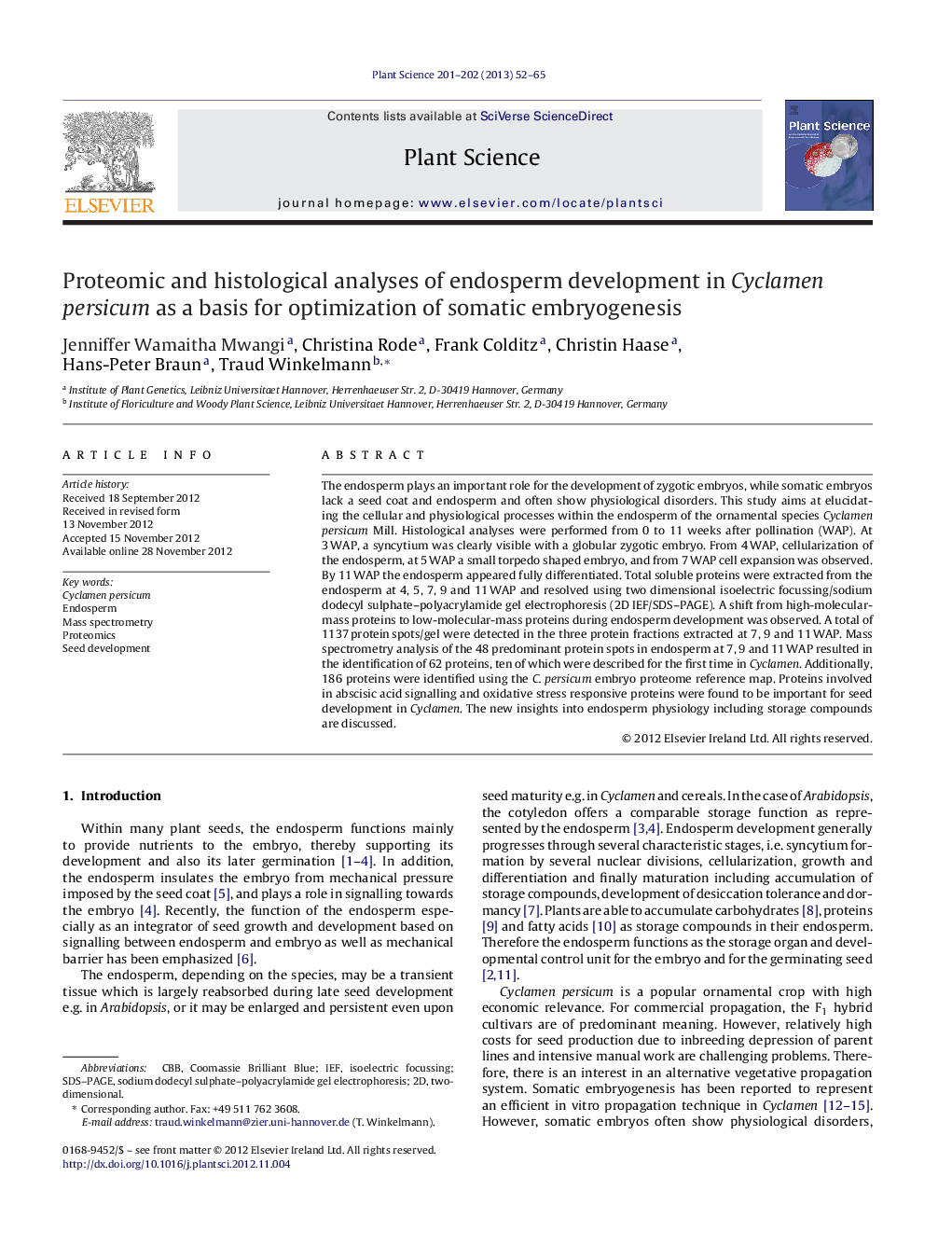 Proteomic and histological analyses of endosperm development in Cyclamen persicum as a basis for optimization of somatic embryogenesis