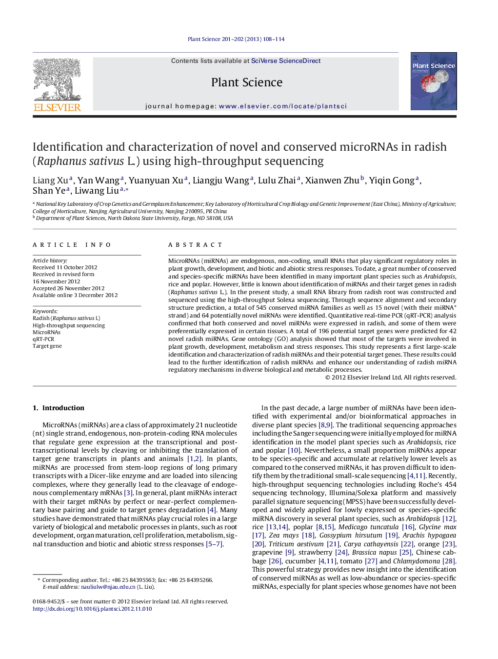 Identification and characterization of novel and conserved microRNAs in radish (Raphanus sativus L.) using high-throughput sequencing