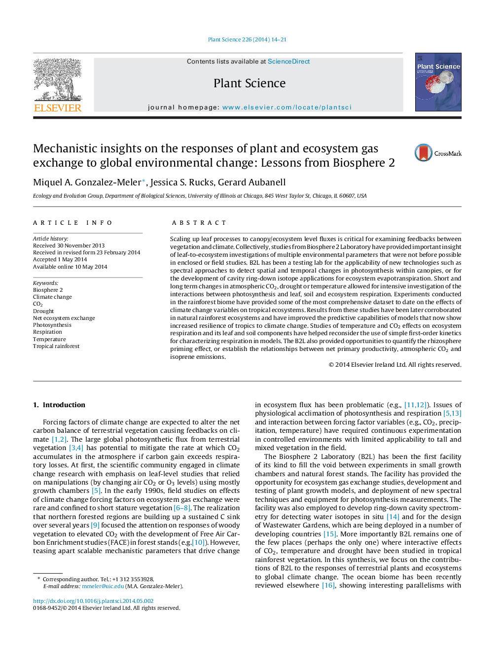 Mechanistic insights on the responses of plant and ecosystem gas exchange to global environmental change: Lessons from Biosphere 2