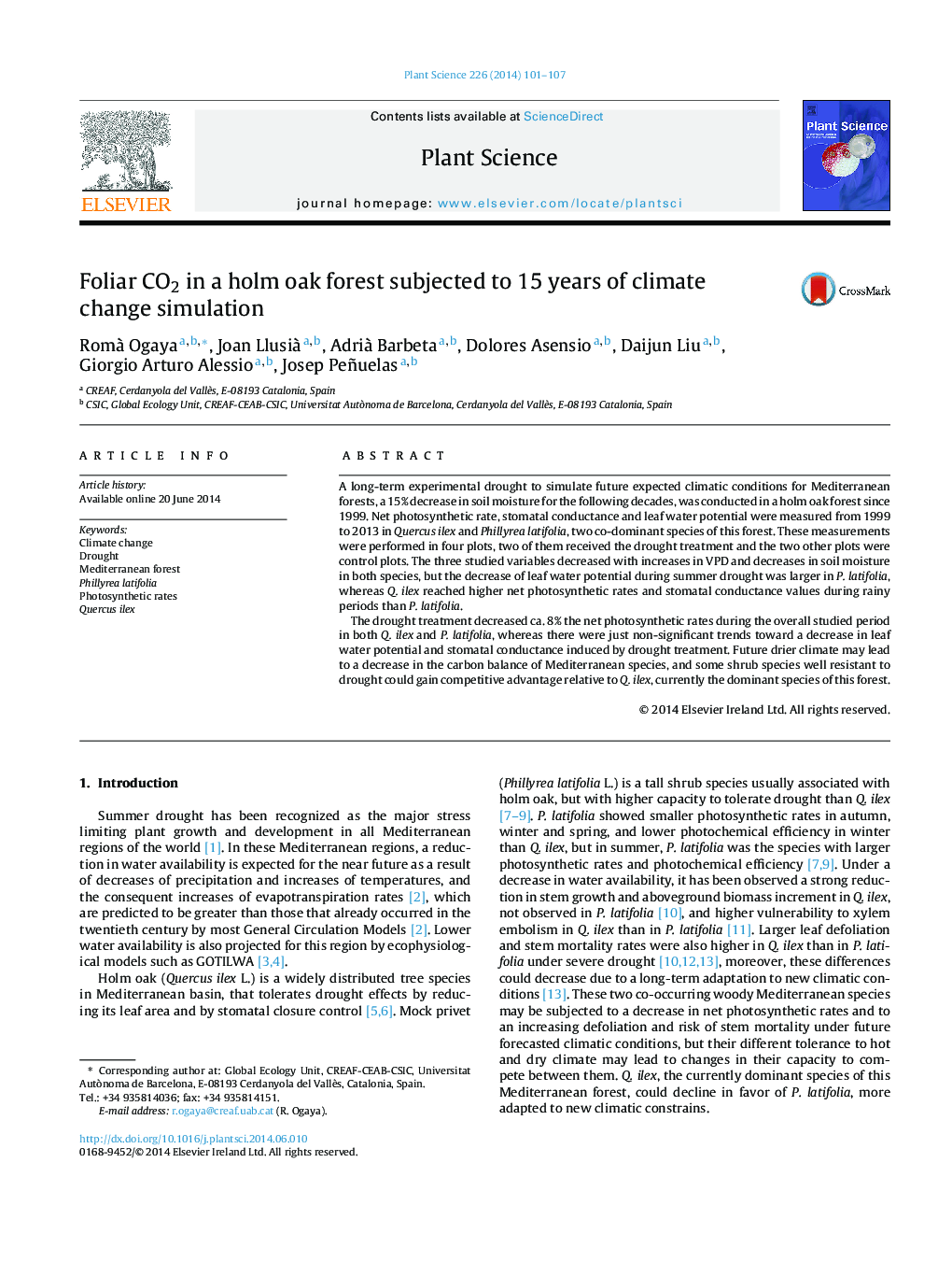 Foliar CO2 in a holm oak forest subjected to 15 years of climate change simulation