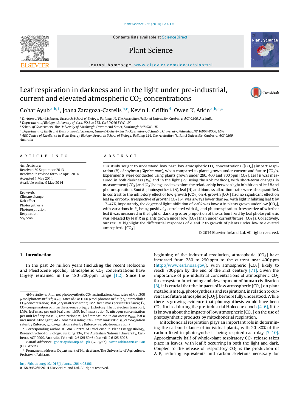 عکس صفحه اول مقاله: Leaf respiration in darkness and in the light under pre-industrial, current and elevated atmospheric CO2 concentrations Leaf respiration in darkness and in the light under pre-industrial, current and elevated atmospheric CO2 concentrations
