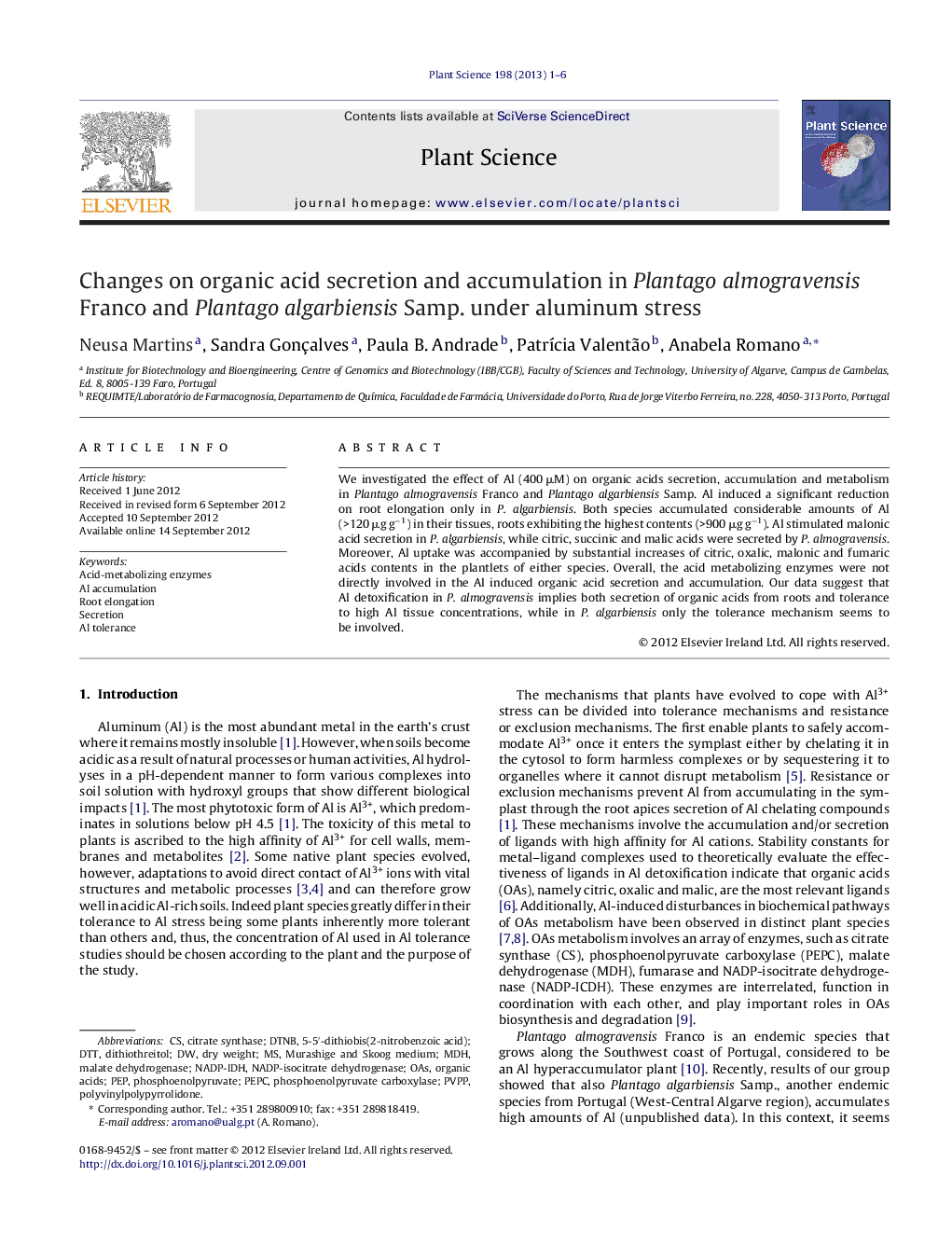 Changes on organic acid secretion and accumulation in Plantago almogravensis Franco and Plantago algarbiensis Samp. under aluminum stress