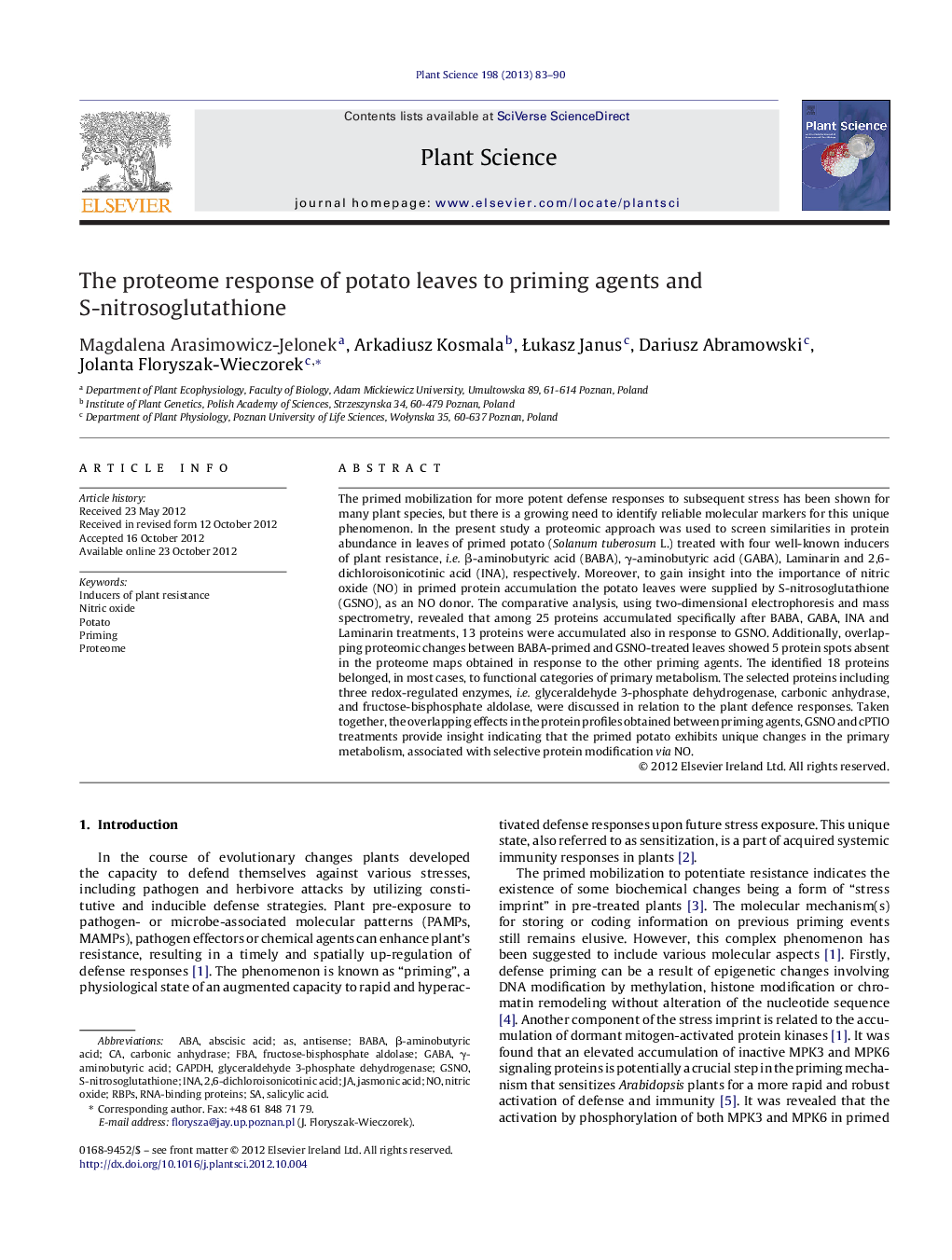 The proteome response of potato leaves to priming agents and S-nitrosoglutathione