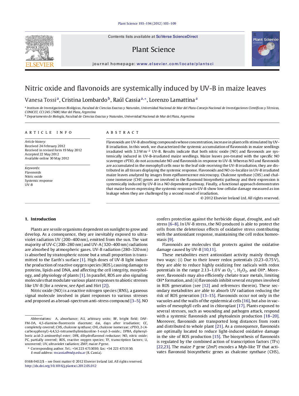 Nitric oxide and flavonoids are systemically induced by UV-B in maize leaves