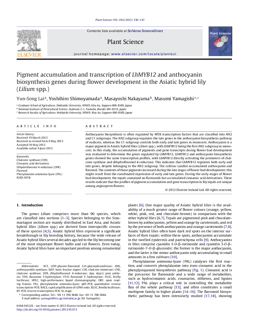 Pigment accumulation and transcription of LhMYB12 and anthocyanin biosynthesis genes during flower development in the Asiatic hybrid lily (Lilium spp.)