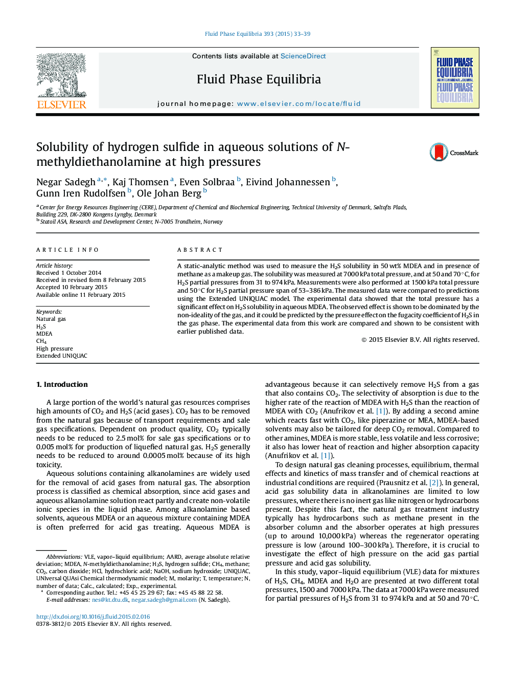 Solubility of hydrogen sulfide in aqueous solutions of N-methyldiethanolamine at high pressures