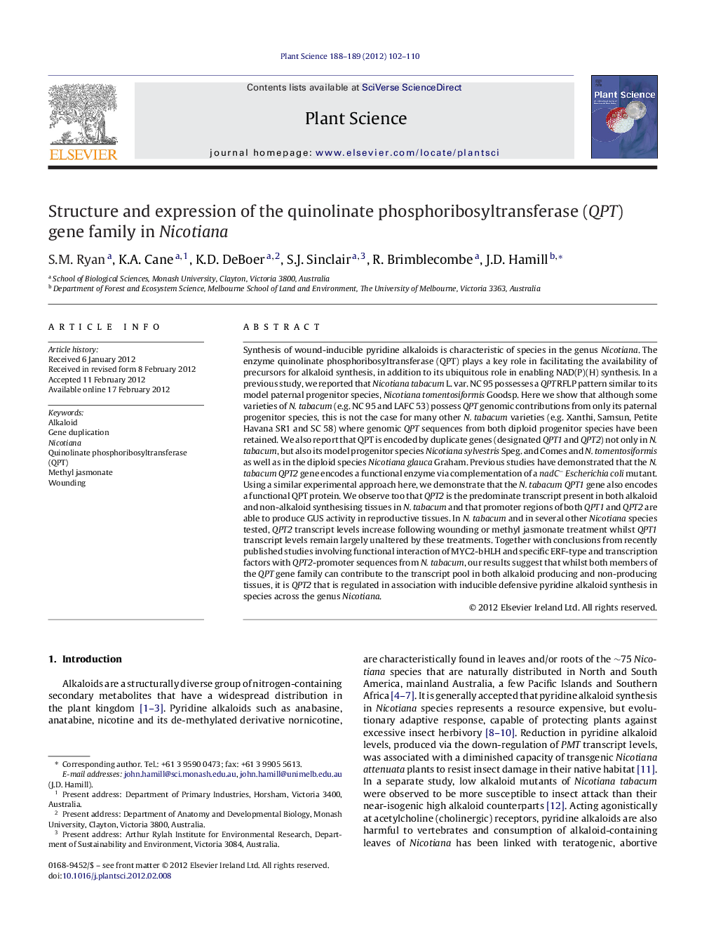 Structure and expression of the quinolinate phosphoribosyltransferase (QPT) gene family in Nicotiana