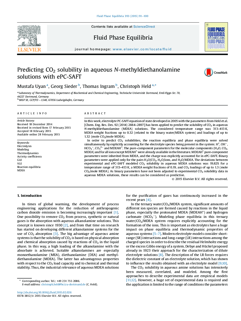 Predicting CO2 solubility in aqueous N-methyldiethanolamine solutions with ePC-SAFT