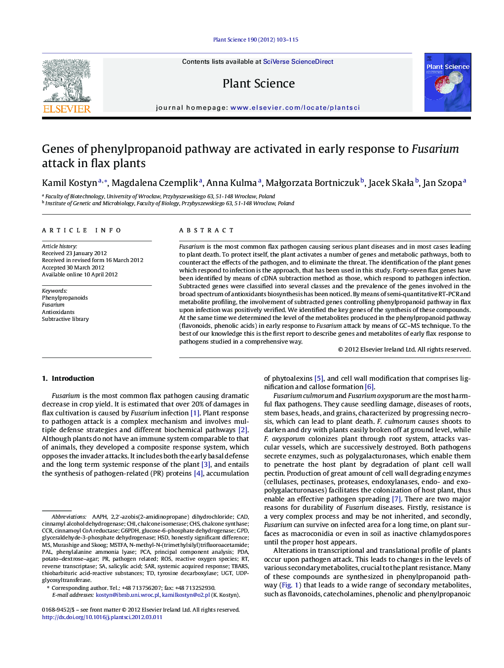 Genes of phenylpropanoid pathway are activated in early response to Fusarium attack in flax plants