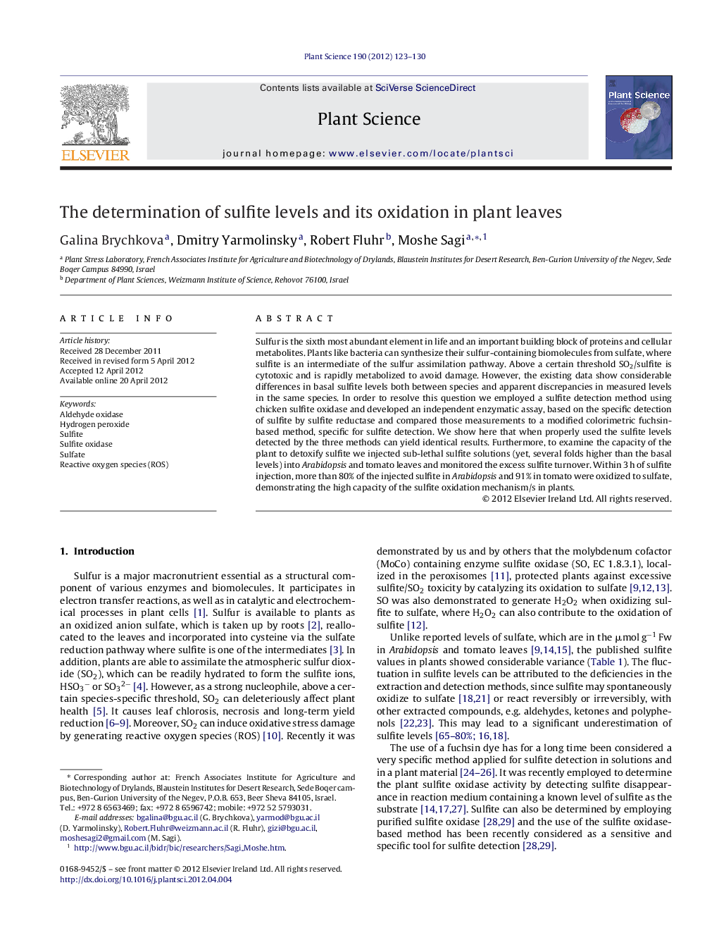 The determination of sulfite levels and its oxidation in plant leaves