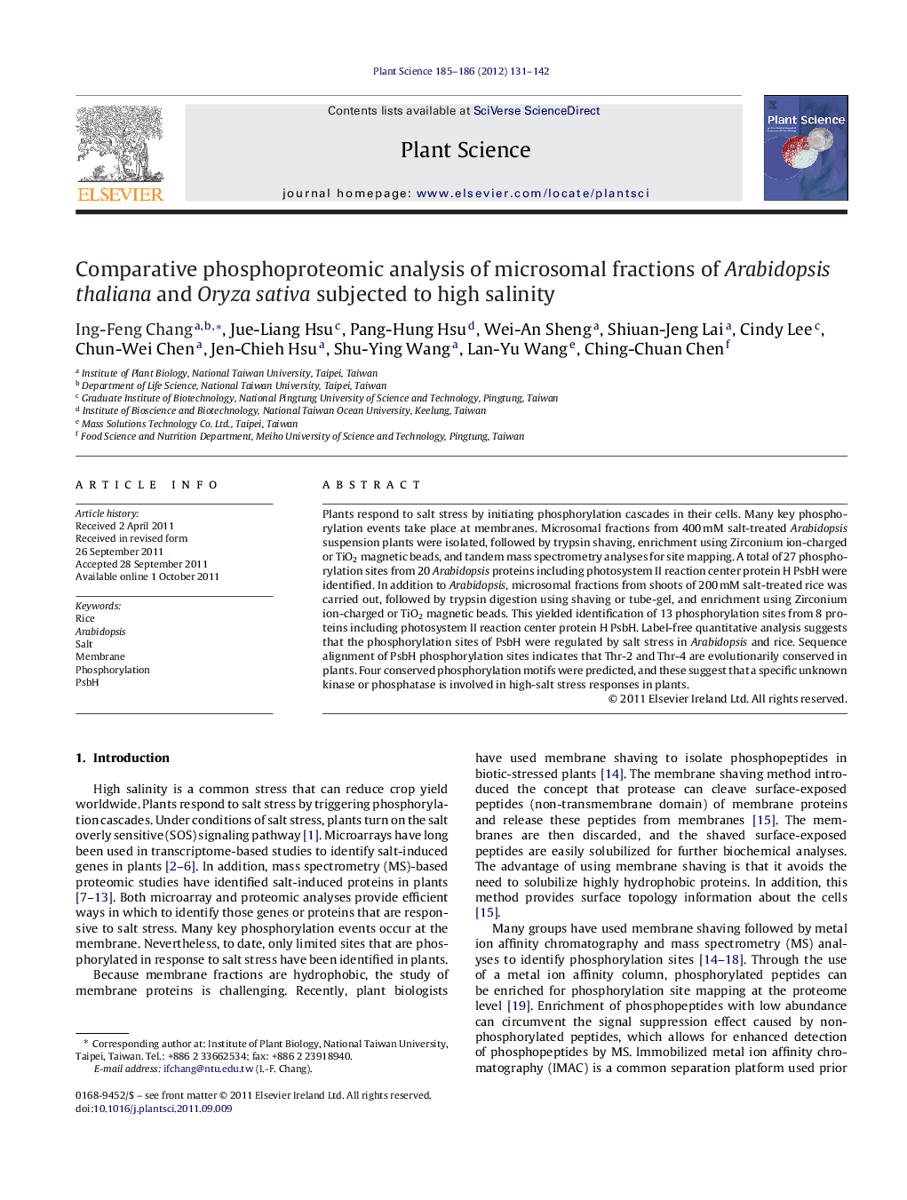 Comparative phosphoproteomic analysis of microsomal fractions of Arabidopsis thaliana and Oryza sativa subjected to high salinity