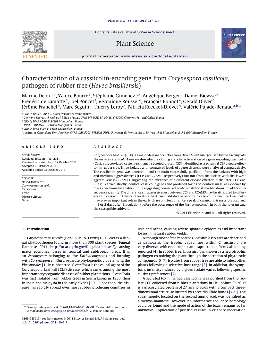 Characterization of a cassiicolin-encoding gene from Corynespora cassiicola, pathogen of rubber tree (Hevea brasiliensis)