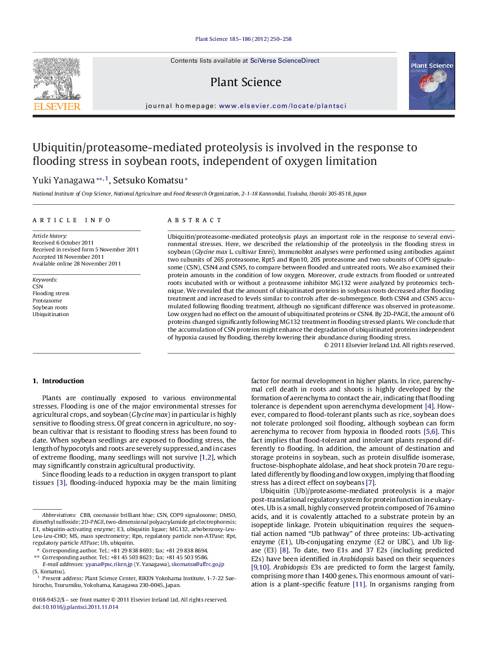 Ubiquitin/proteasome-mediated proteolysis is involved in the response to flooding stress in soybean roots, independent of oxygen limitation