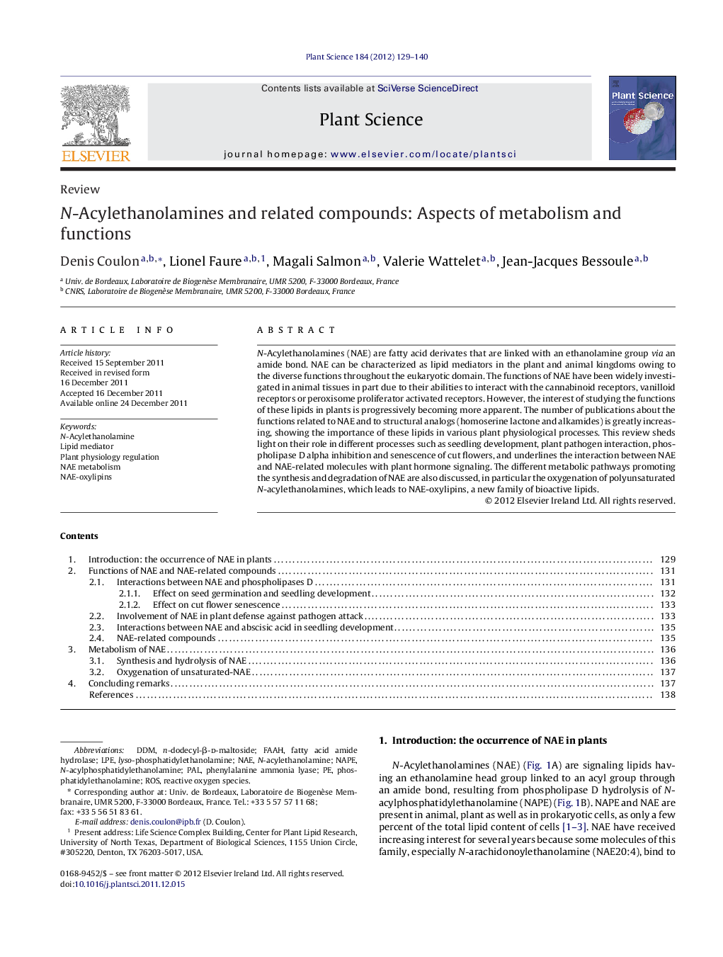 N-Acylethanolamines and related compounds: Aspects of metabolism and functions