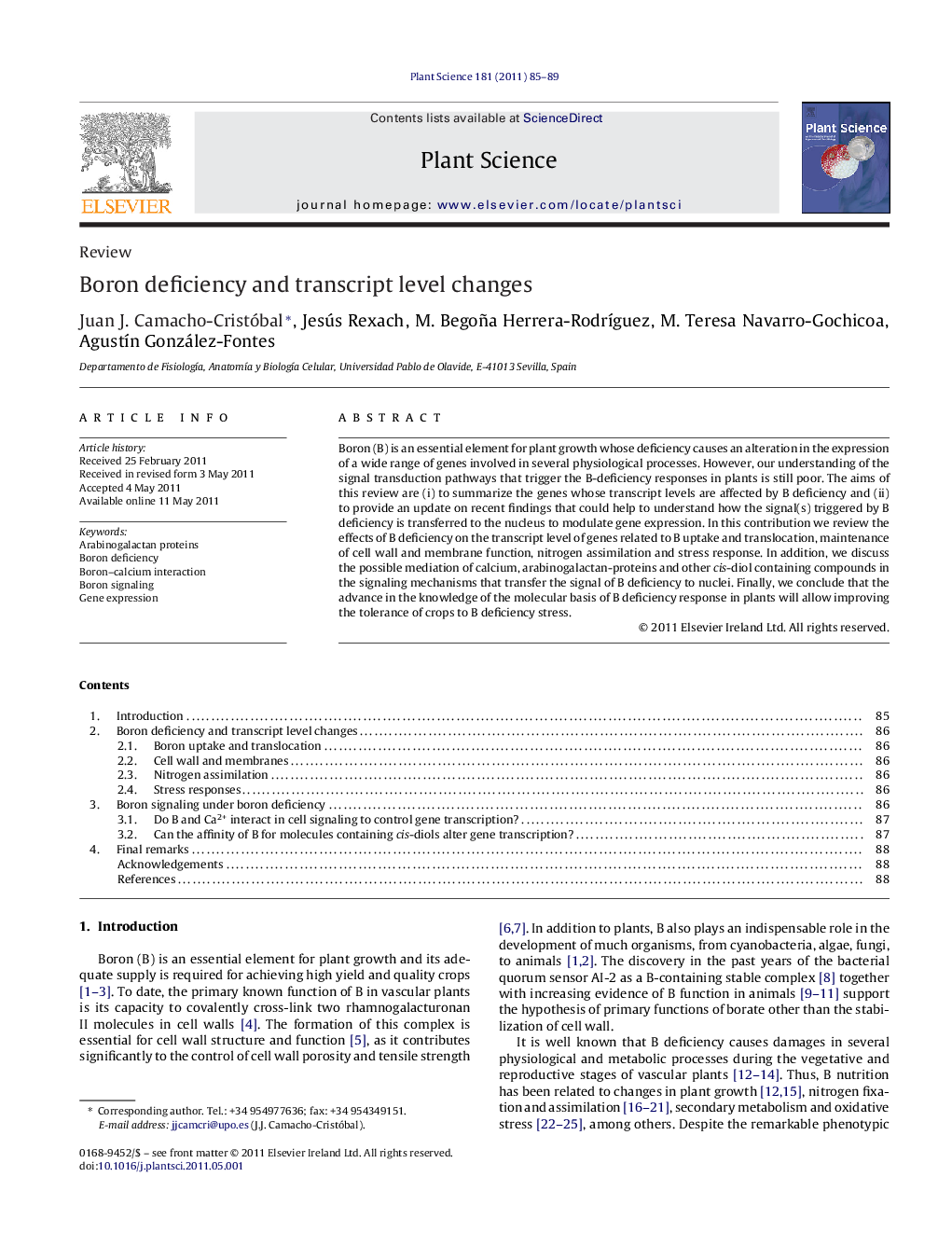 Boron deficiency and transcript level changes