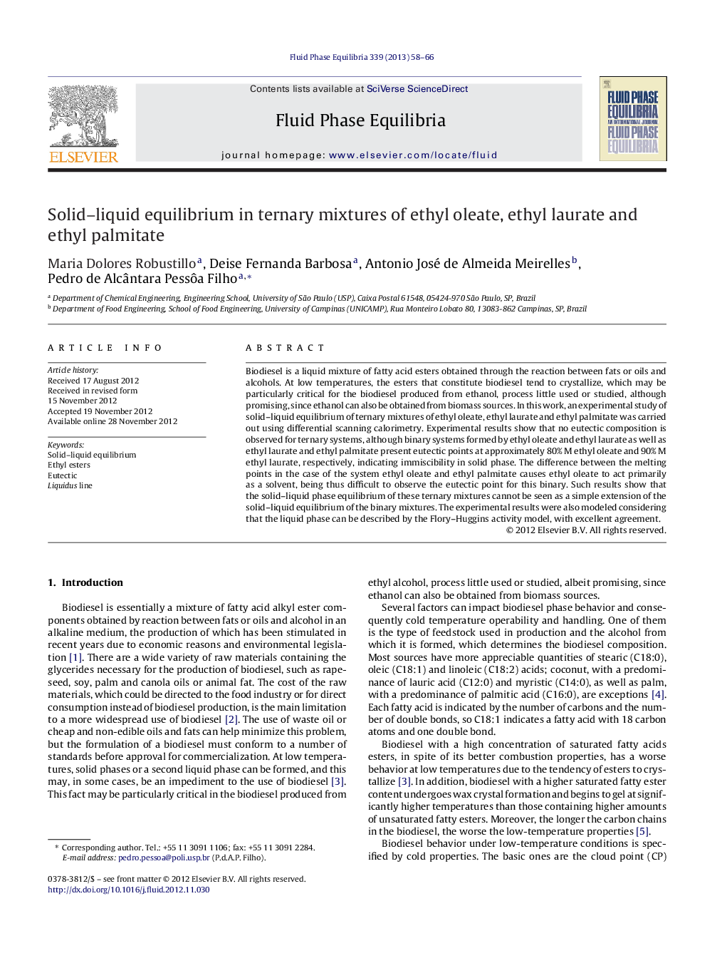 Solid–liquid equilibrium in ternary mixtures of ethyl oleate, ethyl laurate and ethyl palmitate