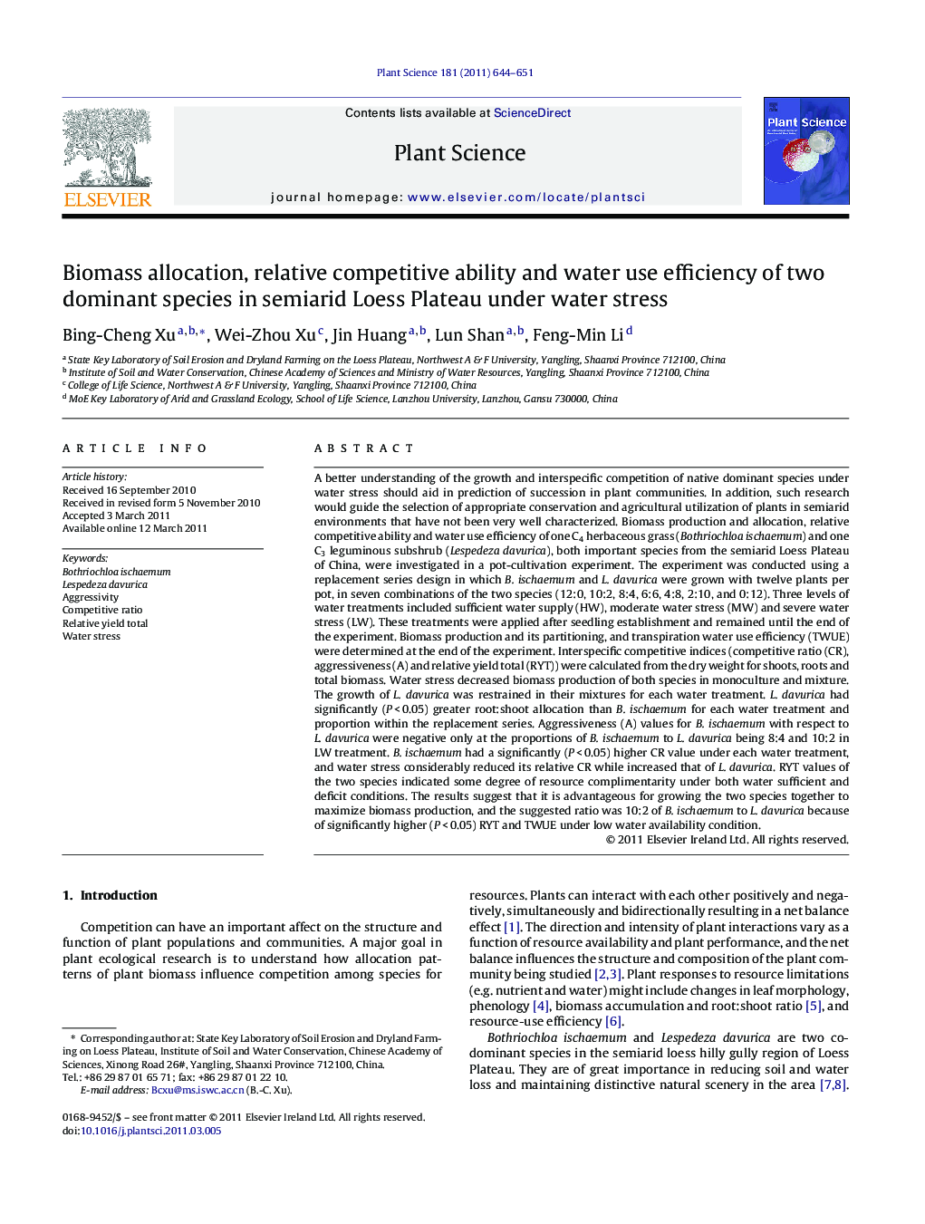 Biomass allocation, relative competitive ability and water use efficiency of two dominant species in semiarid Loess Plateau under water stress