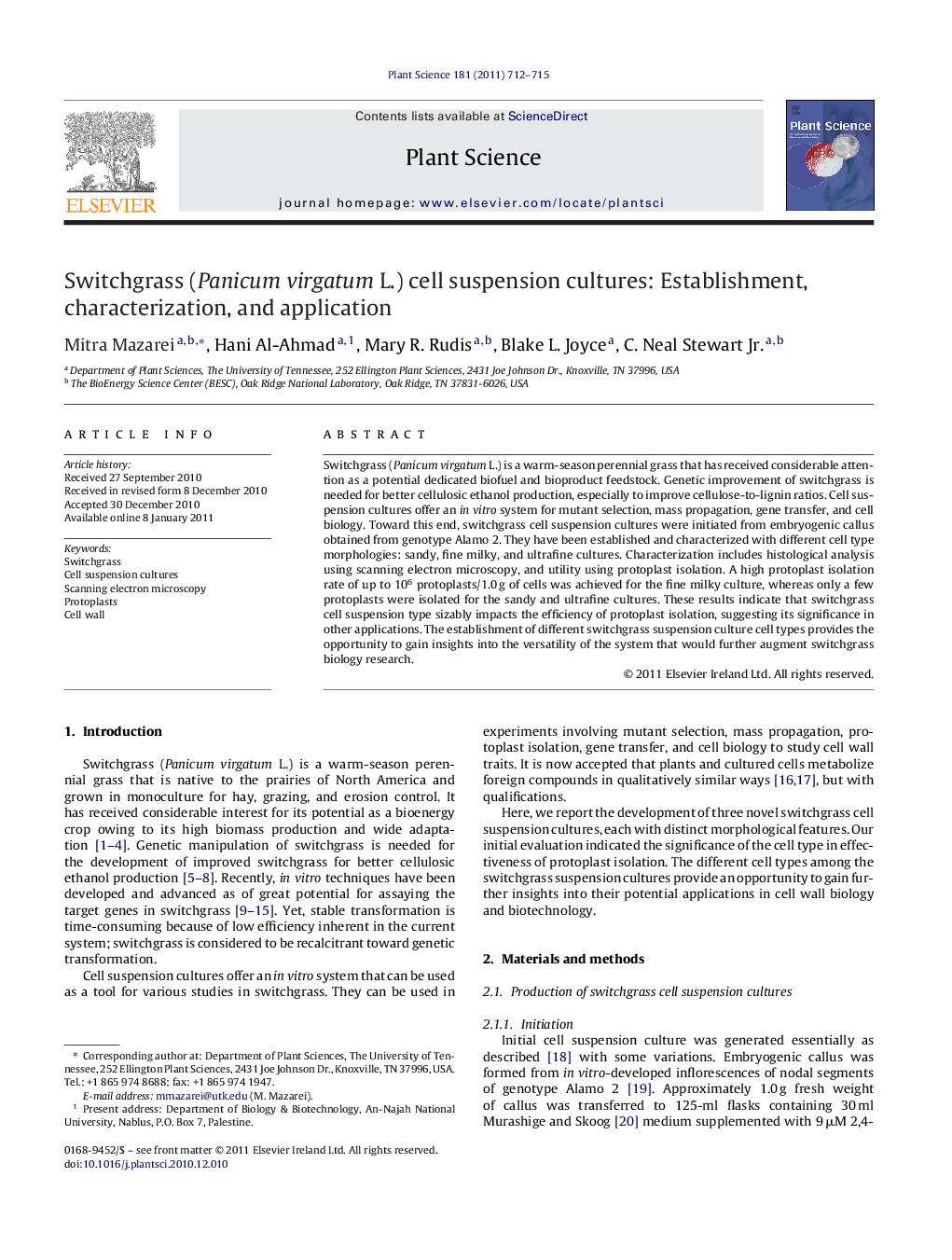 Switchgrass (Panicum virgatum L.) cell suspension cultures: Establishment, characterization, and application