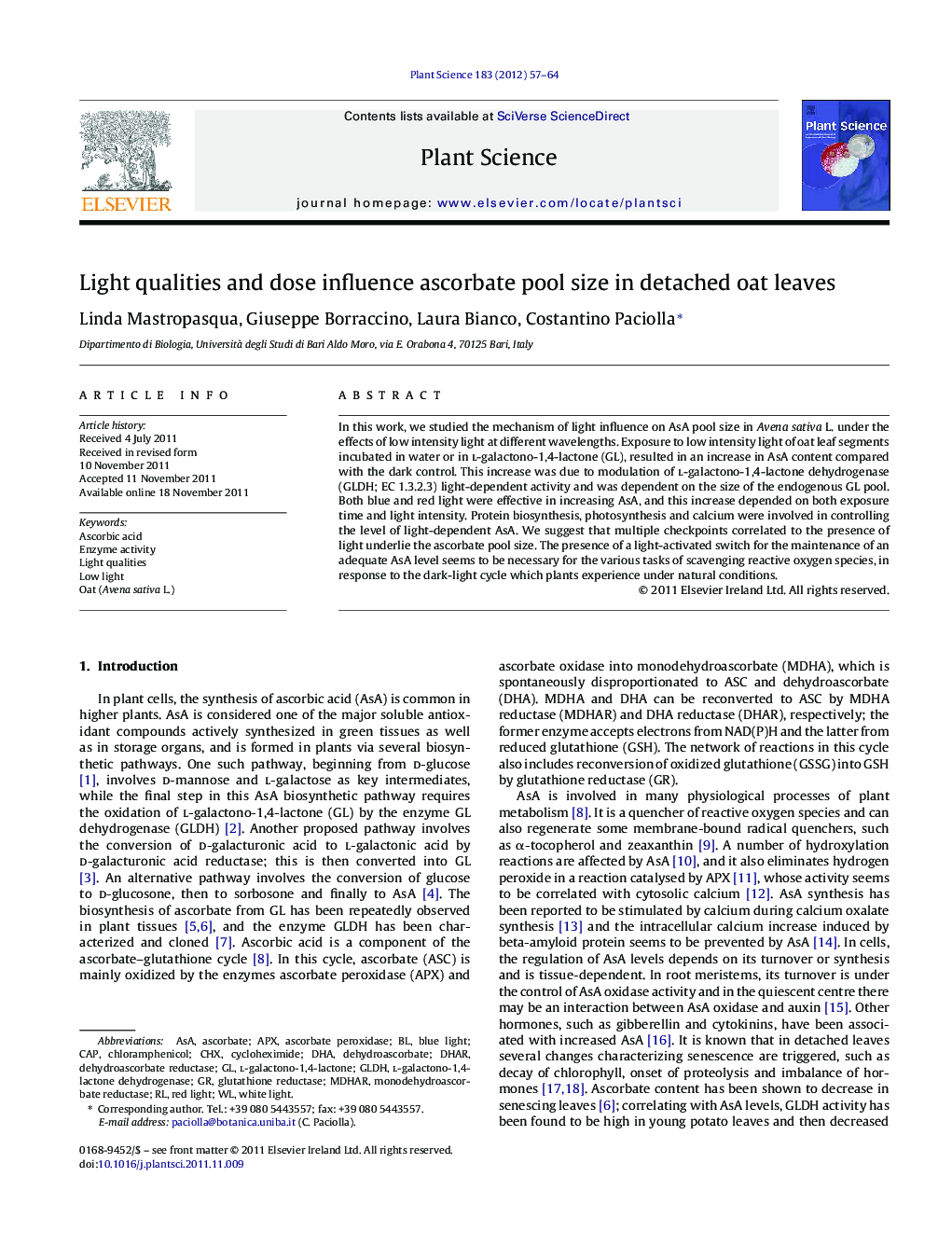 Light qualities and dose influence ascorbate pool size in detached oat leaves