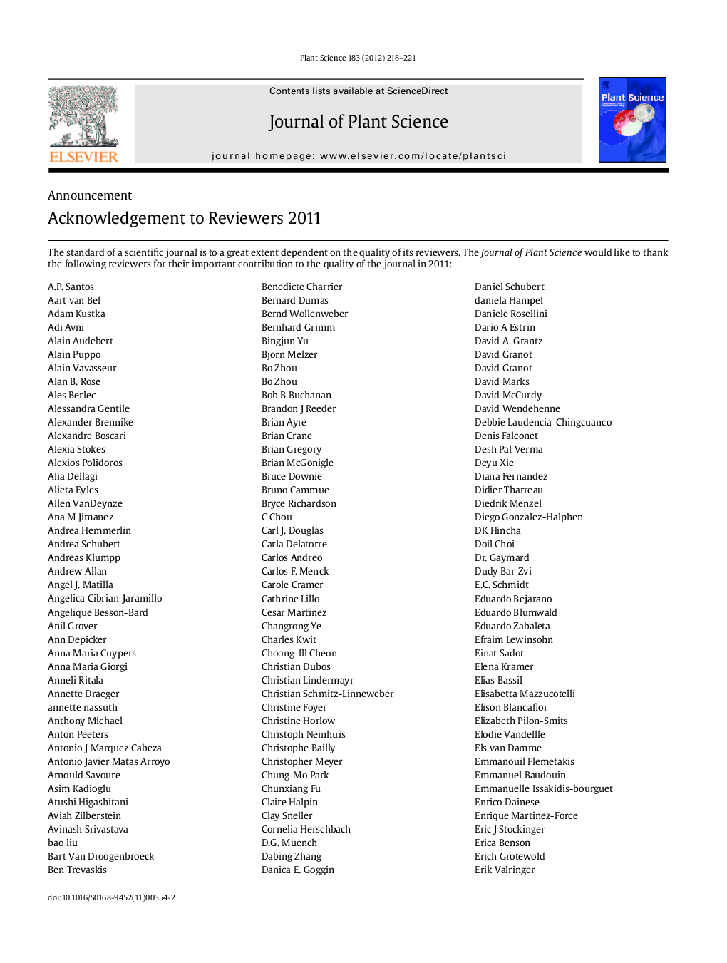 Acknowledgement to Reviewers 2011