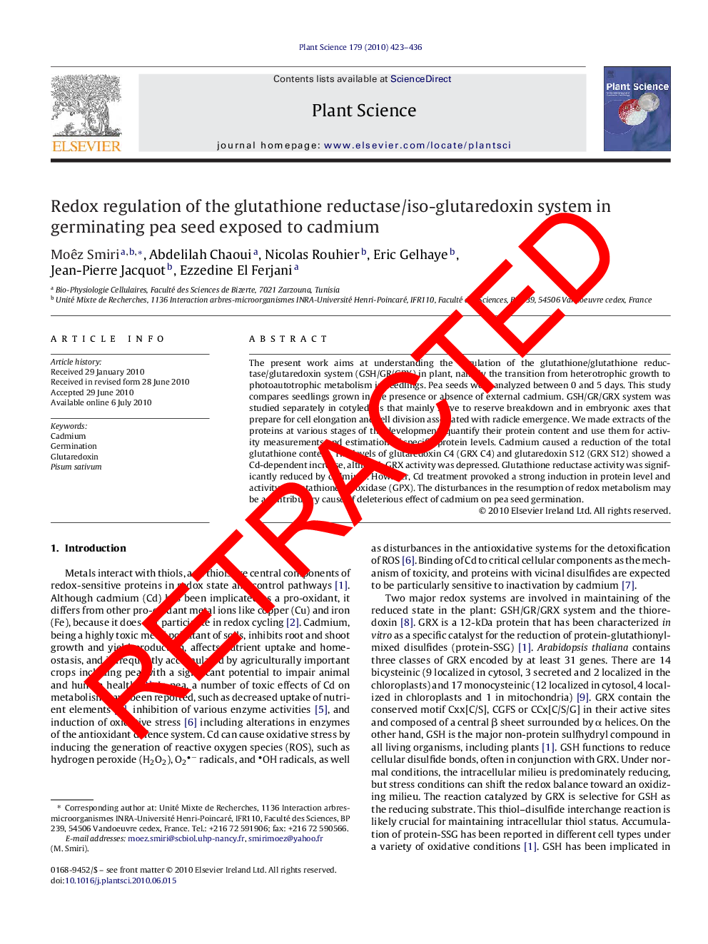 RETRACTED: Redox regulation of the glutathione reductase/iso-glutaredoxin system in germinating pea seed exposed to cadmium