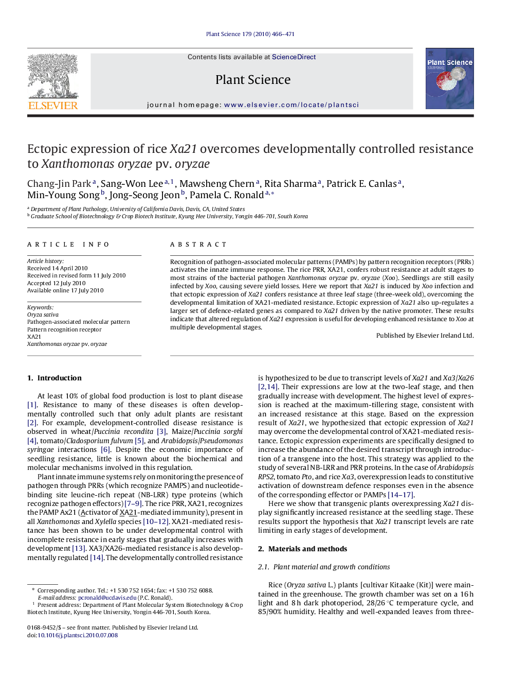 عکس صفحه اول مقاله: Ectopic expression of rice Xa21 overcomes developmentally controlled resistance to Xanthomonas oryzae pv. oryzae Ectopic expression of rice Xa21 overcomes developmentally controlled resistance to Xanthomonas oryzae pv. oryzae