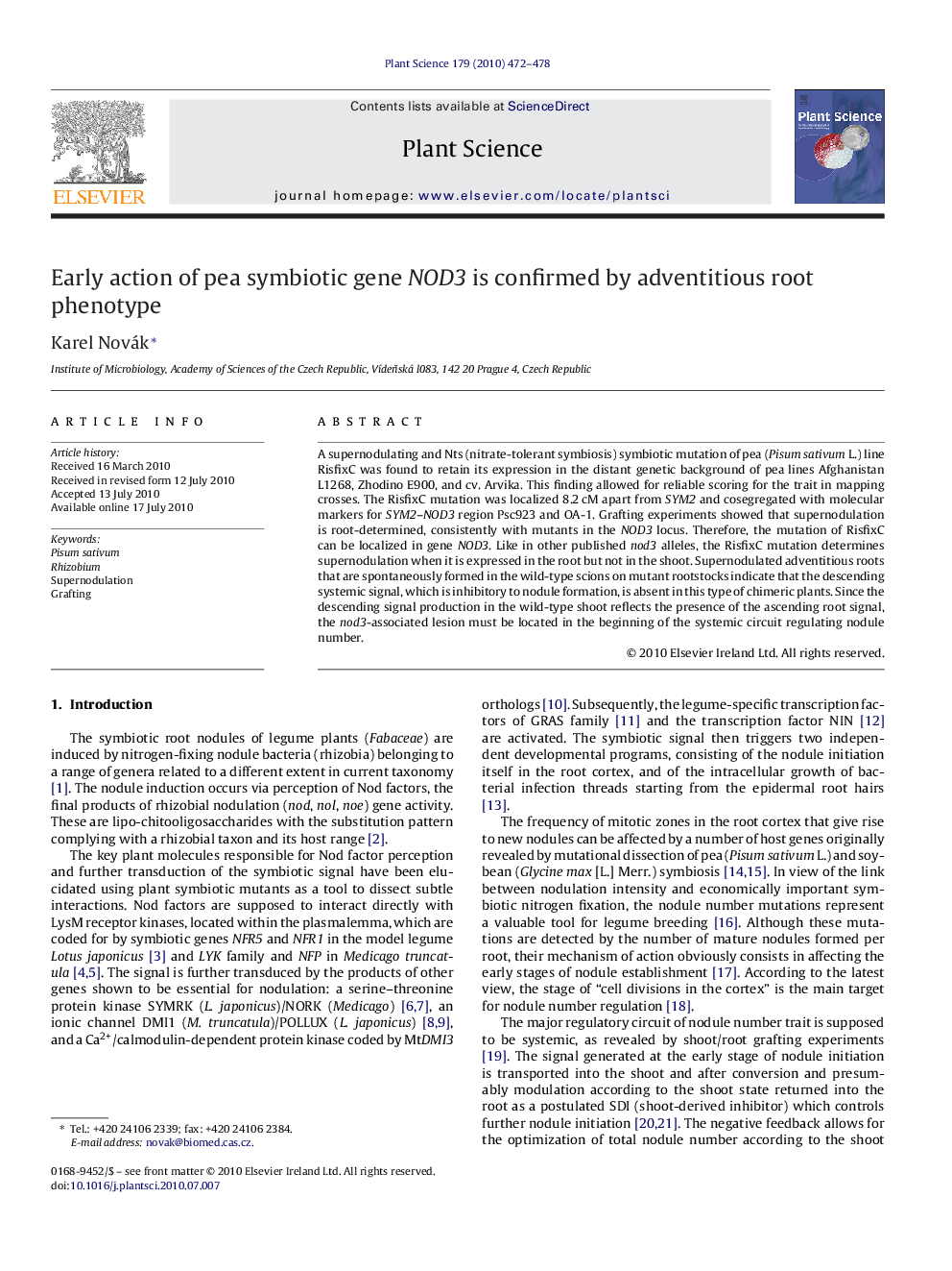 Early action of pea symbiotic gene NOD3 is confirmed by adventitious root phenotype