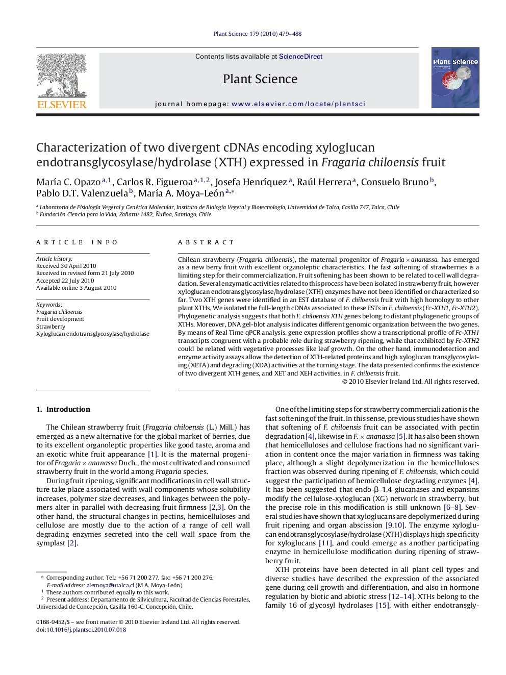 Characterization of two divergent cDNAs encoding xyloglucan endotransglycosylase/hydrolase (XTH) expressed in Fragaria chiloensis fruit