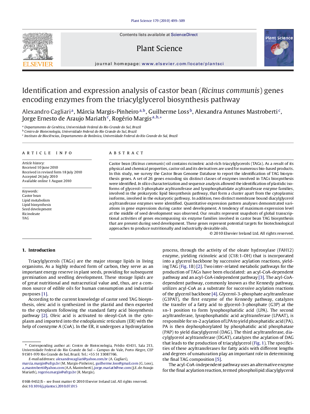 Identification and expression analysis of castor bean (Ricinus communis) genes encoding enzymes from the triacylglycerol biosynthesis pathway