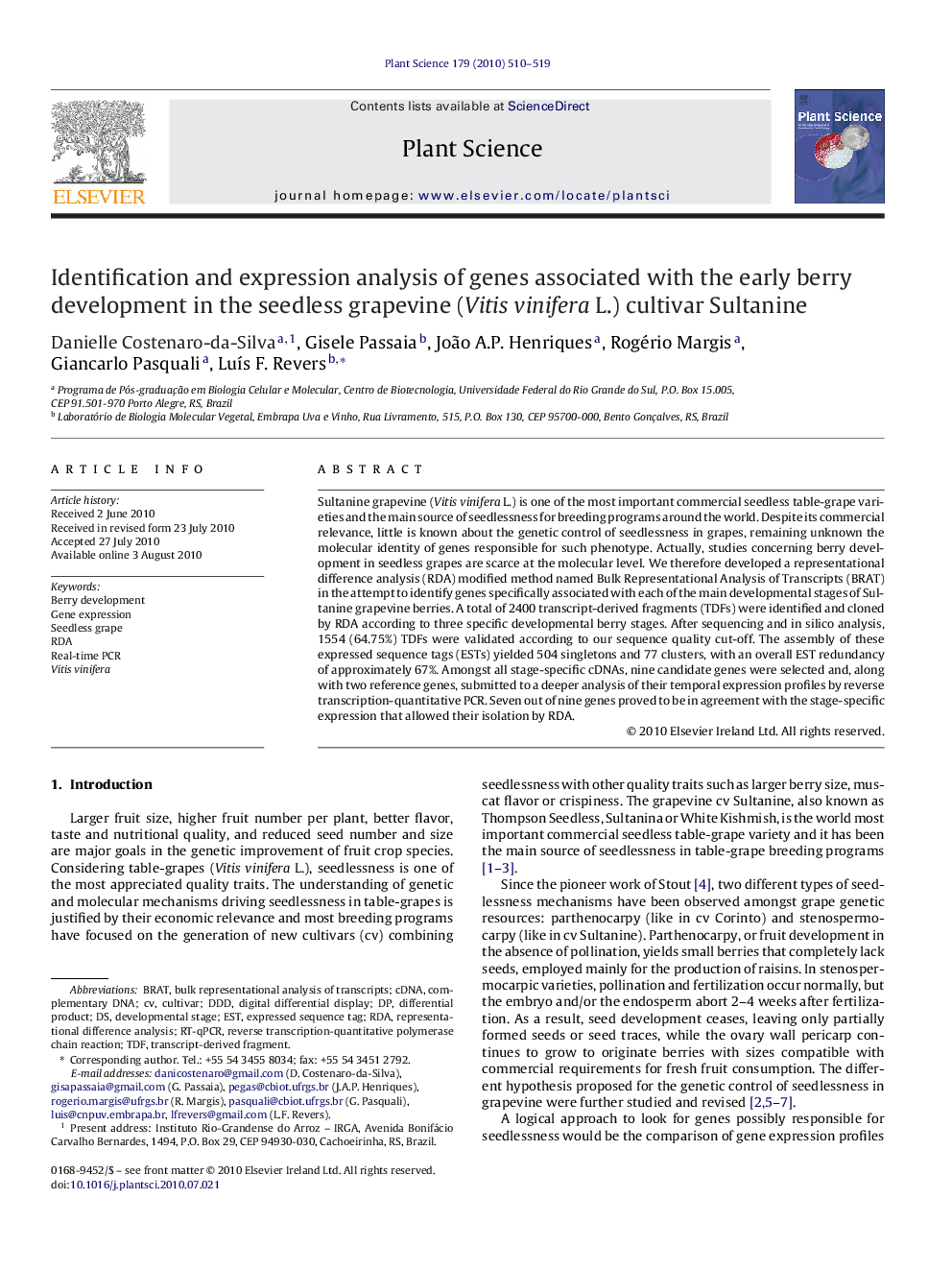 Identification and expression analysis of genes associated with the early berry development in the seedless grapevine (Vitis vinifera L.) cultivar Sultanine