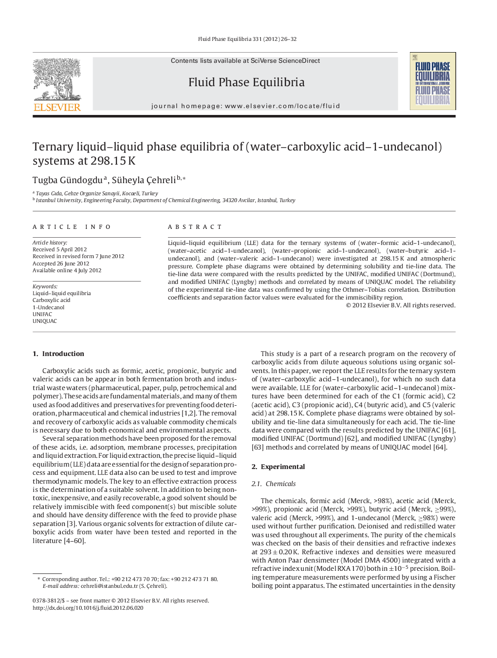 عکس صفحه اول مقاله: Ternary liquid–liquid phase equilibria of (water–carboxylic acid–1-undecanol) systems at 298.15 K Ternary liquid–liquid phase equilibria of (water–carboxylic acid–1-undecanol) systems at 298.15 K