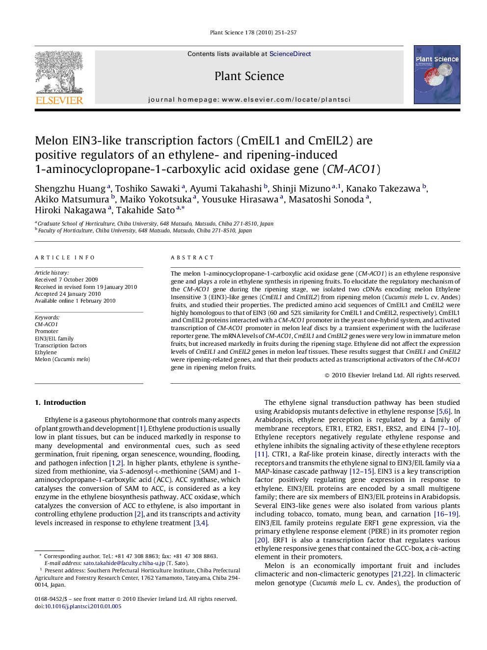 Melon EIN3-like transcription factors (CmEIL1 and CmEIL2) are positive regulators of an ethylene- and ripening-induced 1-aminocyclopropane-1-carboxylic acid oxidase gene (CM-ACO1)