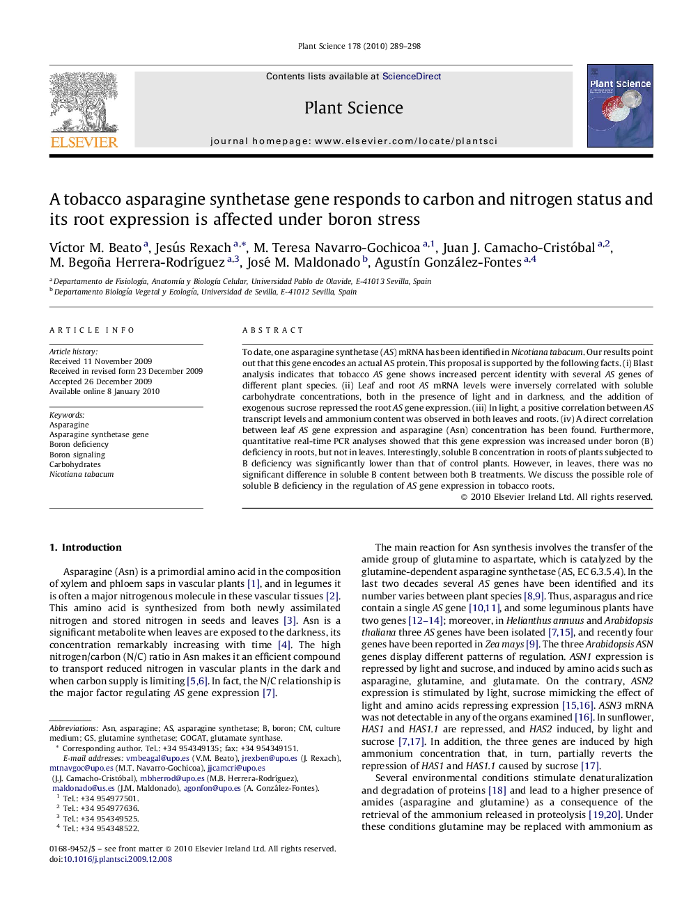 A tobacco asparagine synthetase gene responds to carbon and nitrogen status and its root expression is affected under boron stress