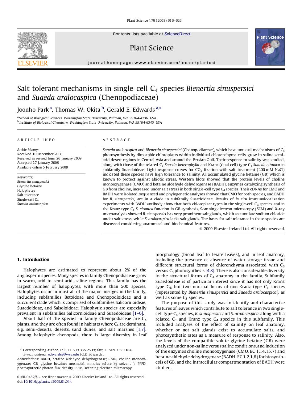 Salt tolerant mechanisms in single-cell C4 species Bienertia sinuspersici and Suaeda aralocaspica (Chenopodiaceae)