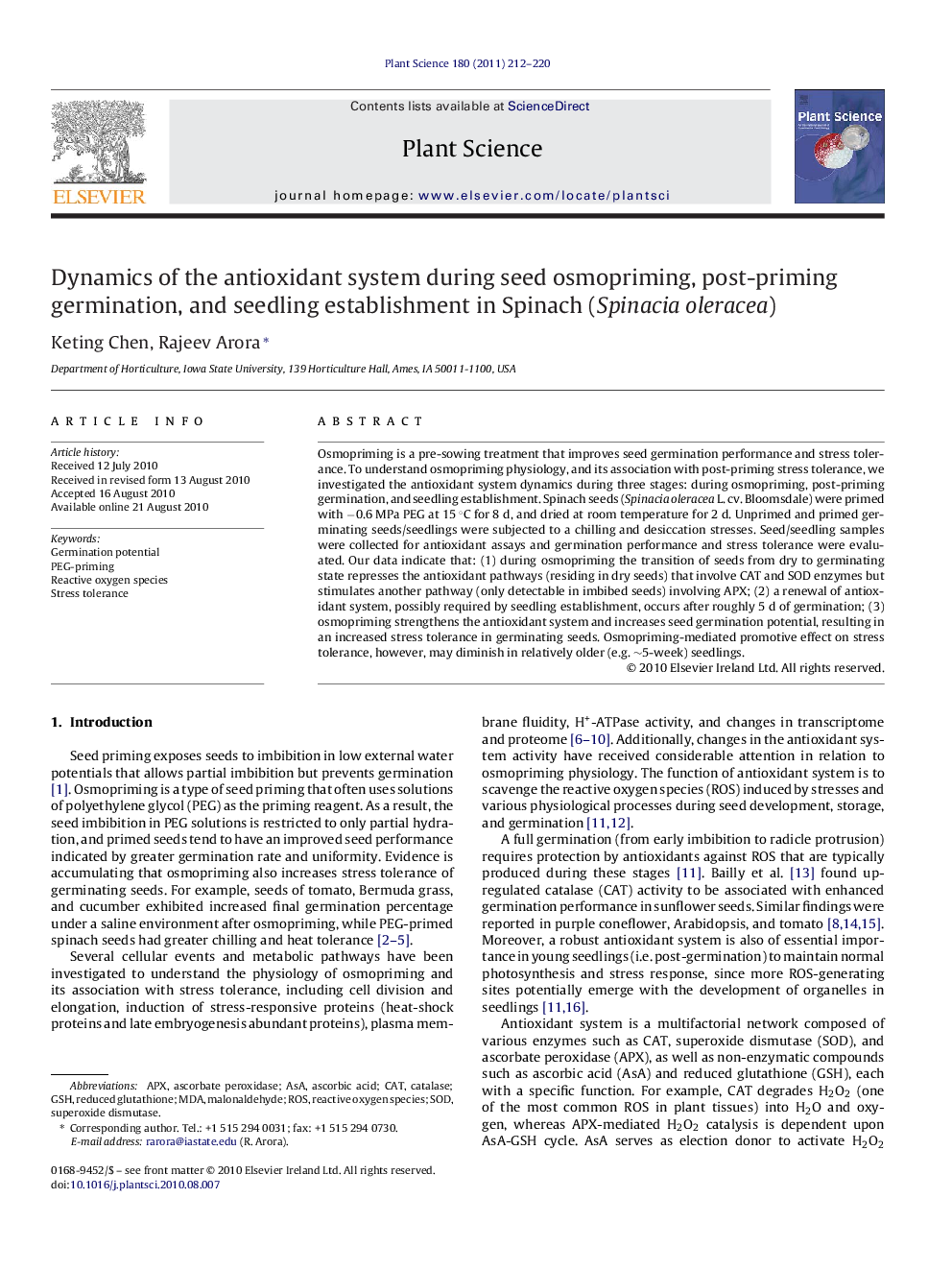 Dynamics of the antioxidant system during seed osmopriming, post-priming germination, and seedling establishment in Spinach (Spinacia oleracea)