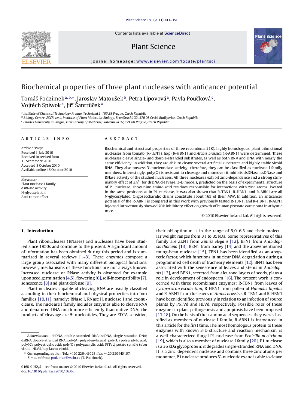 Biochemical properties of three plant nucleases with anticancer potential