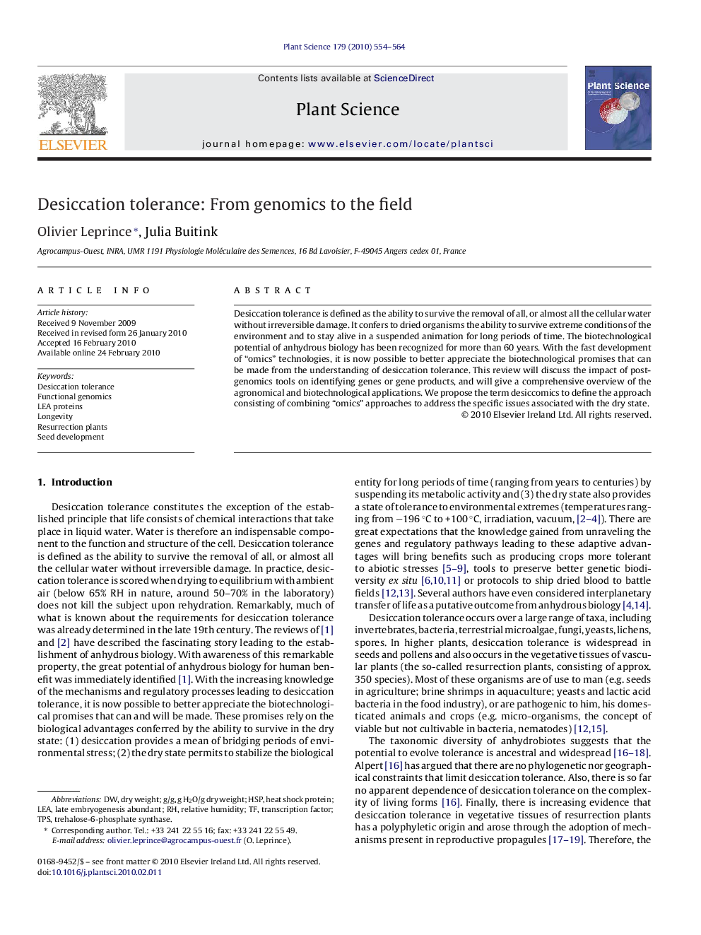 Desiccation tolerance: From genomics to the field