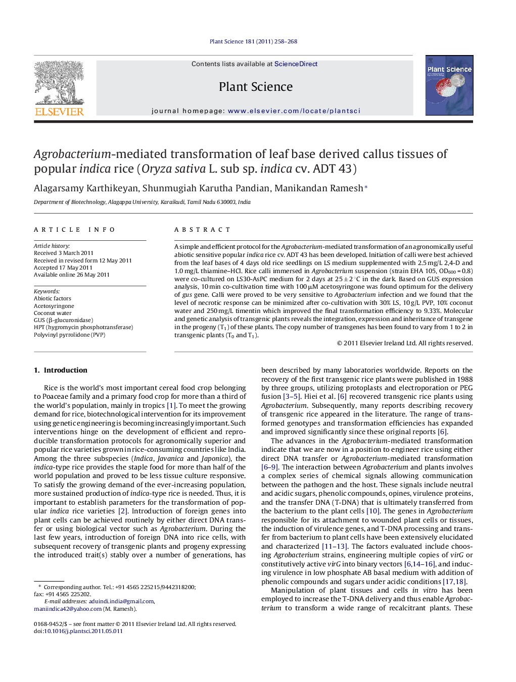 Agrobacterium-mediated transformation of leaf base derived callus tissues of popular indica rice (Oryza sativa L. sub sp. indica cv. ADT 43)