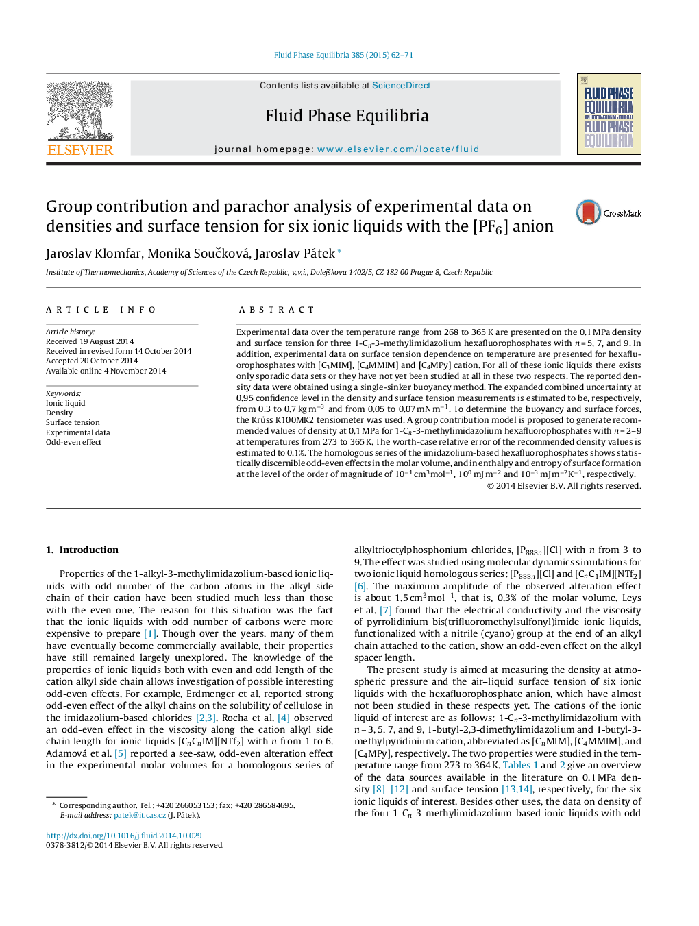 Group contribution and parachor analysis of experimental data on densities and surface tension for six ionic liquids with the [PF6] anion