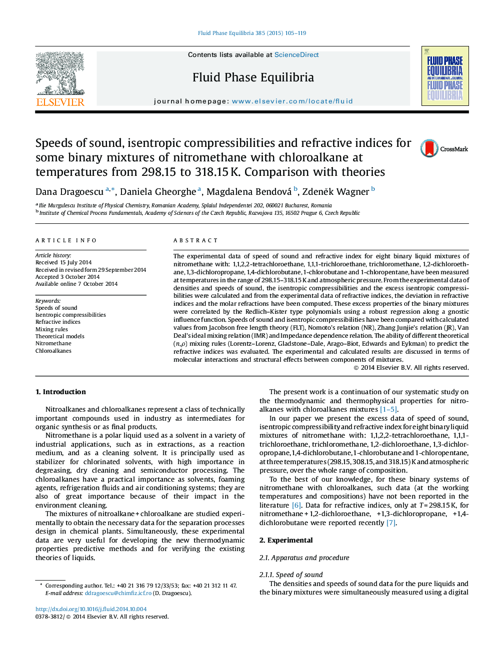 Speeds of sound, isentropic compressibilities and refractive indices for some binary mixtures of nitromethane with chloroalkane at temperatures from 298.15 to 318.15 K. Comparison with theories