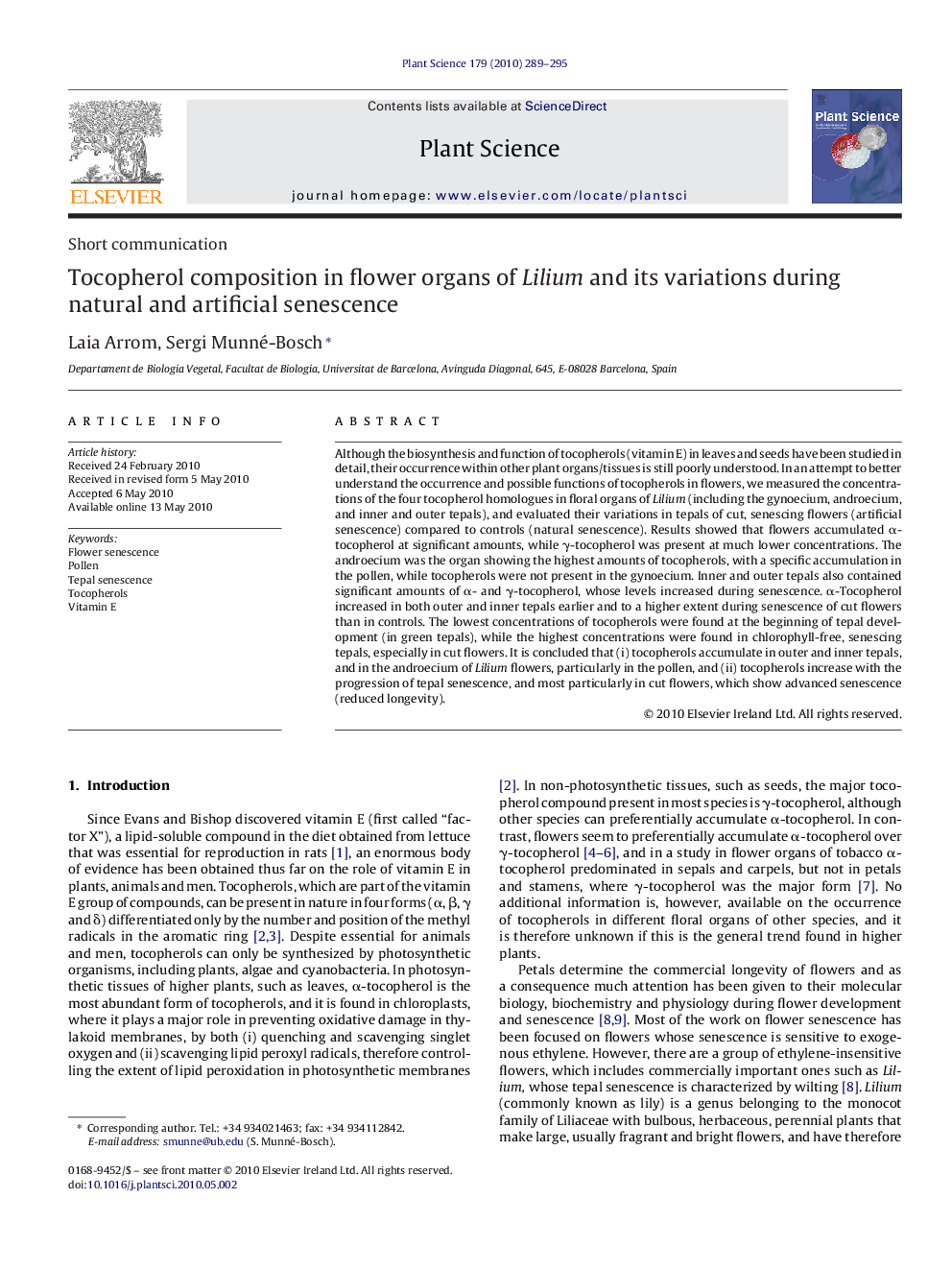 Tocopherol composition in flower organs of Lilium and its variations during natural and artificial senescence