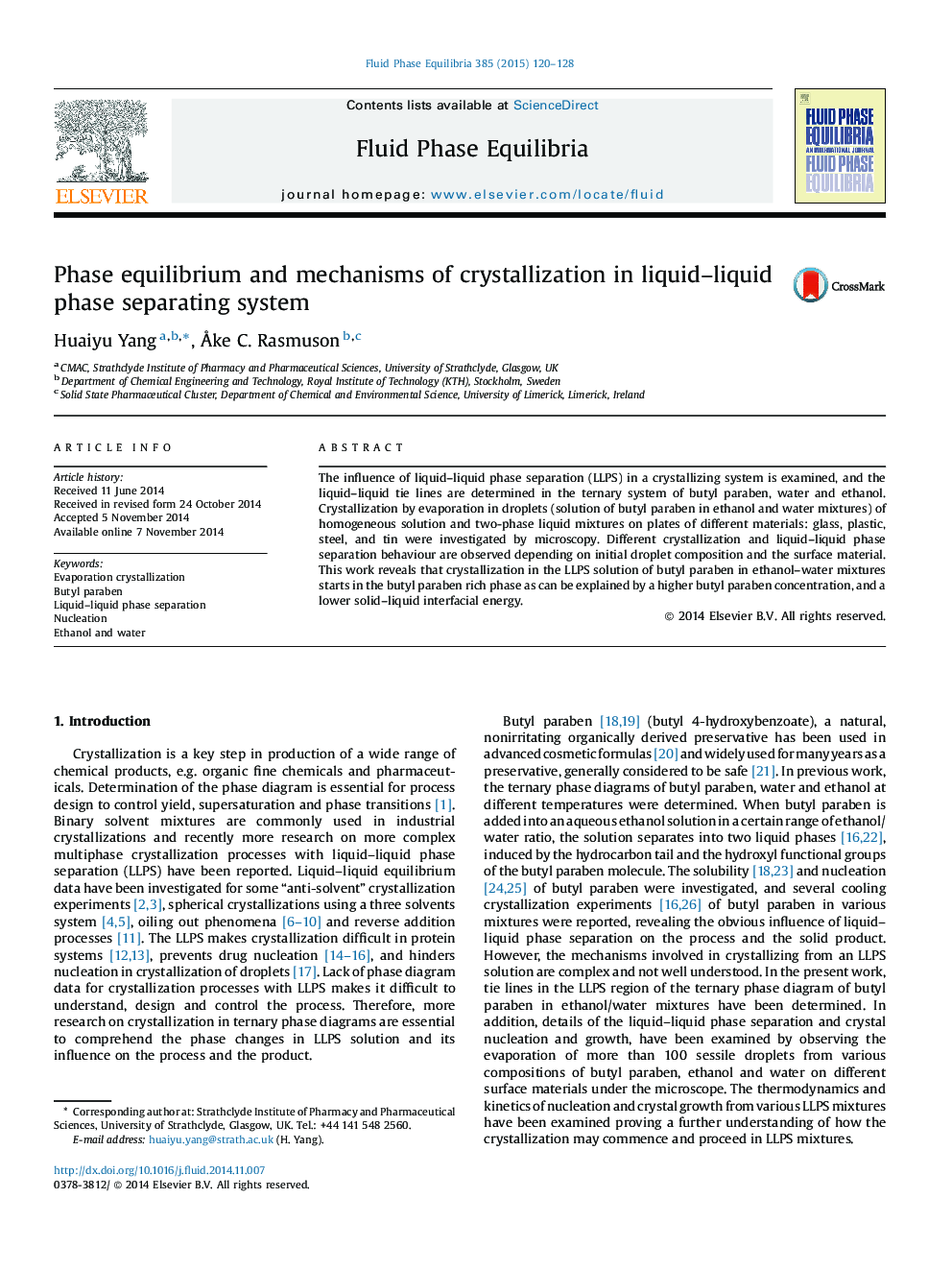 Phase equilibrium and mechanisms of crystallization in liquid–liquid phase separating system