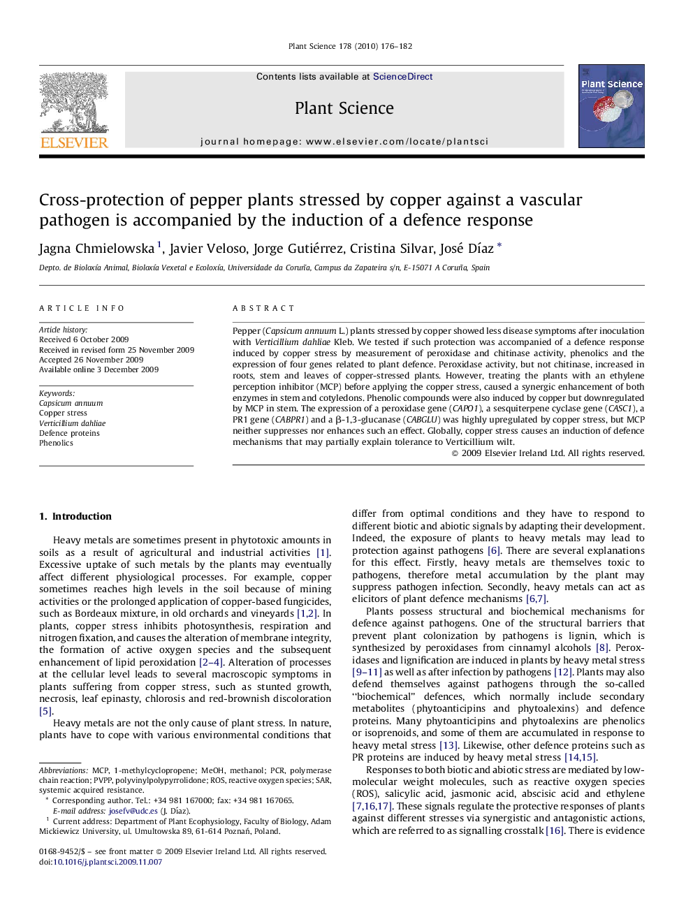 Cross-protection of pepper plants stressed by copper against a vascular pathogen is accompanied by the induction of a defence response