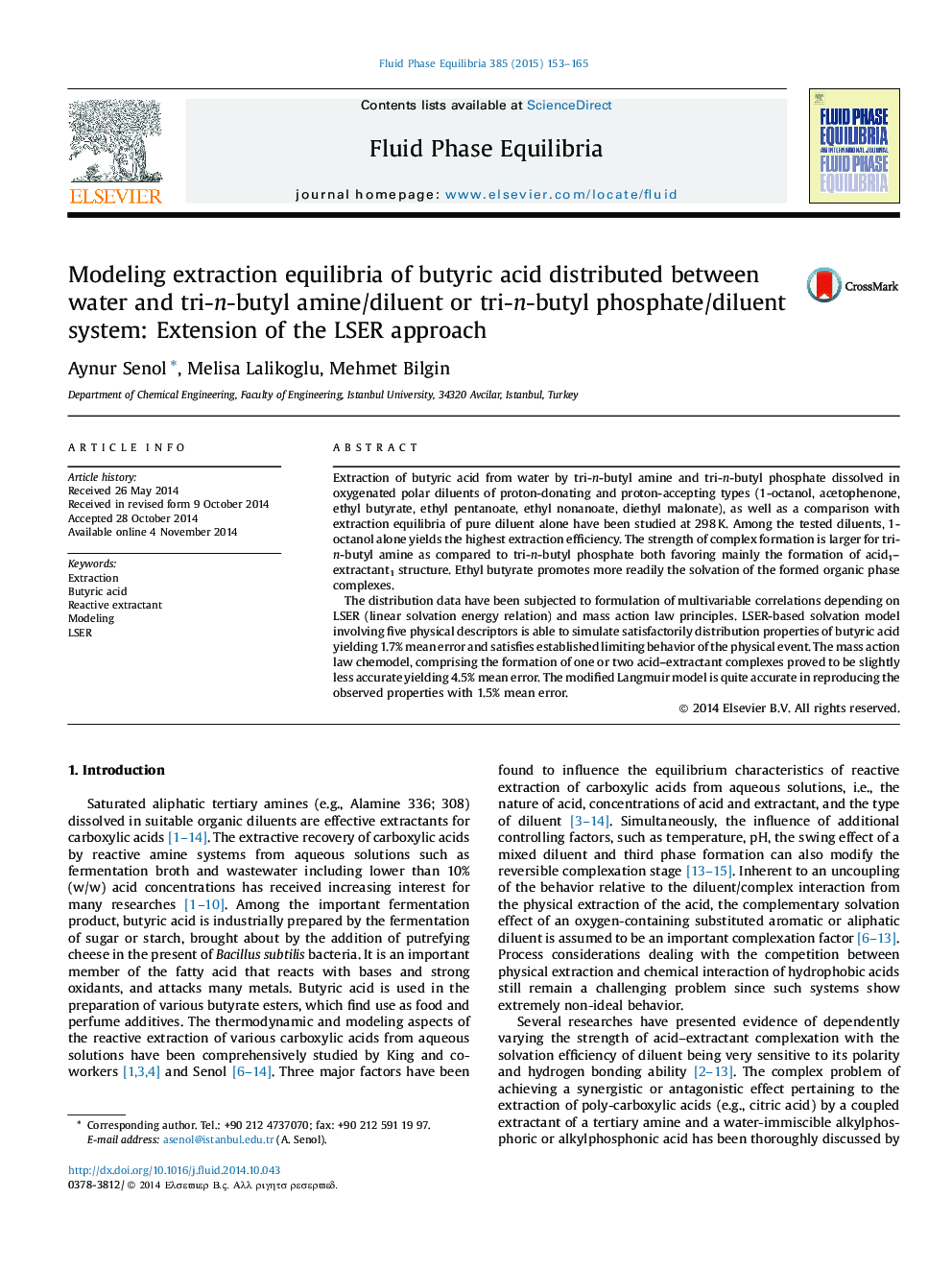 عکس صفحه اول مقاله: Modeling extraction equilibria of butyric acid distributed between water and tri-n-butyl amine/diluent or tri-n-butyl phosphate/diluent system: Extension of the LSER approach Modeling extraction equilibria of butyric acid distributed between water and tri-n-butyl amine/diluent or tri-n-butyl phosphate/diluent system: Extension of the LSER approach
