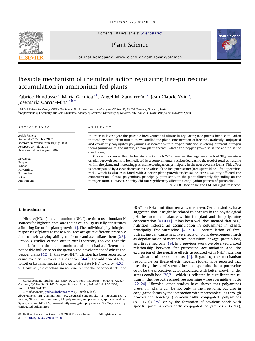 Possible mechanism of the nitrate action regulating free-putrescine accumulation in ammonium fed plants