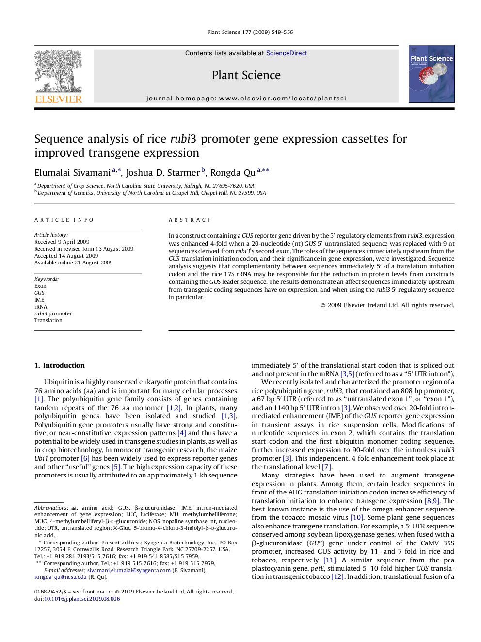 Sequence analysis of rice rubi3 promoter gene expression cassettes for improved transgene expression